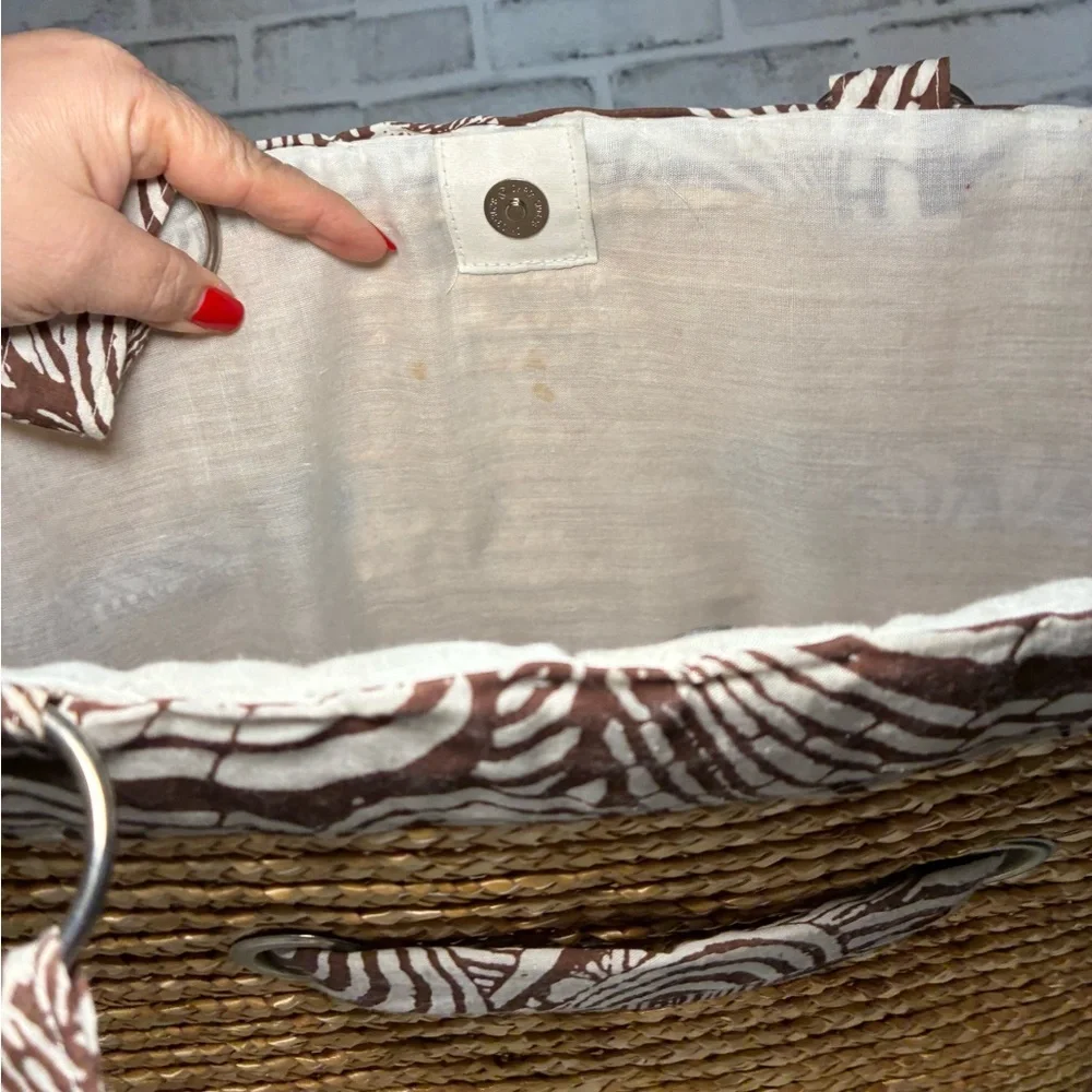 Stylish Yellow Straw with Brown and White Ribbon Accents Tote/Beach Bag